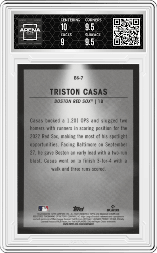 Triston Casas from the 2023 Bowman  set graded by Arena Club and given an overall grade of 9.5.
