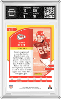 Travis Kelce from the 2021 Panini Absolute set graded by Arena Club and given an overall grade of 9.