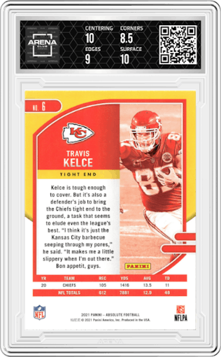 Travis Kelce from the 2021 Panini Absolute set graded by Arena Club and given an overall grade of 9.