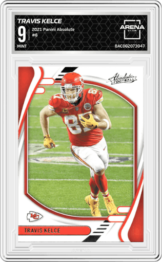 Travis Kelce from the 2021 Panini Absolute set graded by Arena Club and given an overall grade of 9.