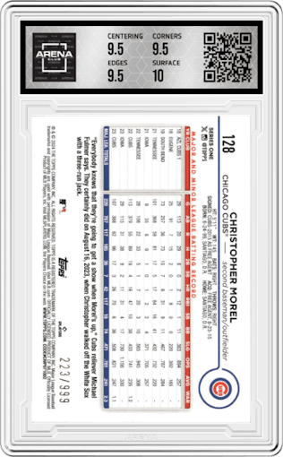 Christopher Morel from the 2024 Topps  set featuring a Blue Holofoil parallel graded by Arena Club and given an overall grade of 10.