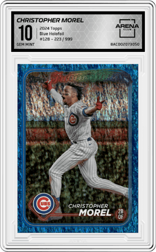 Christopher Morel from the 2024 Topps  set featuring a Blue Holofoil parallel graded by Arena Club and given an overall grade of 10.