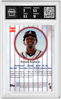 Ronald Acuna Jr. from the 2019 Bowman’s Best set graded by Arena Club and given an overall grade of 9.5.