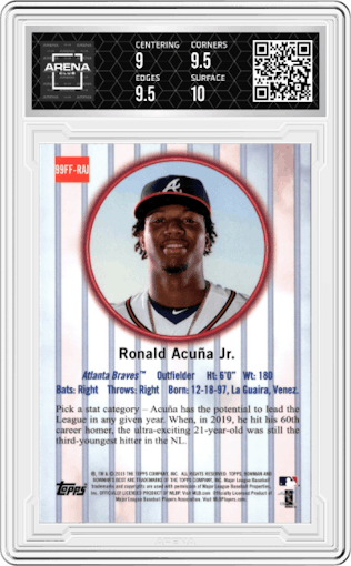 Ronald Acuna Jr. from the 2019 Bowman’s Best set graded by Arena Club and given an overall grade of 9.5.