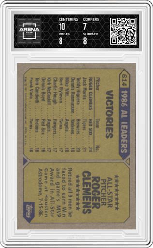Roger Clemens from the 1987 Topps set graded by Arena Club and given an overall grade of 7.5.