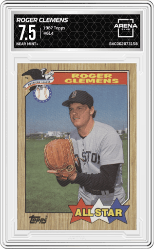 Roger Clemens from the 1987 Topps set graded by Arena Club and given an overall grade of 7.5.
