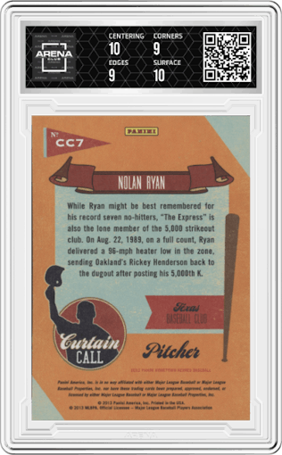 Nolan Ryan from the 2013 Panini Hometown Heroes set featuring a Black parallel graded by Arena Club and given an overall grade of 9.5.