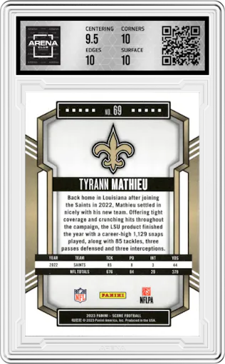 Tyrann Mathieu from the 2023 Panini Score set featuring a Orange parallel graded by Arena Club and given an overall grade of 10.