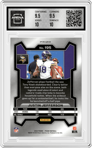 Justin Jefferson from the 2023 Panini Prizm set featuring a Red/White/Blue parallel graded by Arena Club and given an overall grade of 10.