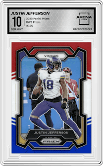 Justin Jefferson from the 2023 Panini Prizm set featuring a Red/White/Blue parallel graded by Arena Club and given an overall grade of 10.