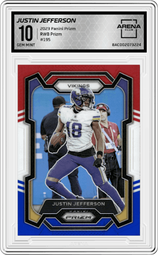 Justin Jefferson from the 2023 Panini Prizm set featuring a Red/White/Blue parallel graded by Arena Club and given an overall grade of 10.