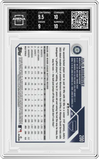 Julio Rodiguez from the 2023 Topps Chrome set featuring a Prism Refractor parallel graded by Arena Club and given an overall grade of 9.5.