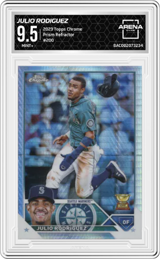 Julio Rodiguez from the 2023 Topps Chrome set featuring a Prism Refractor parallel graded by Arena Club and given an overall grade of 9.5.