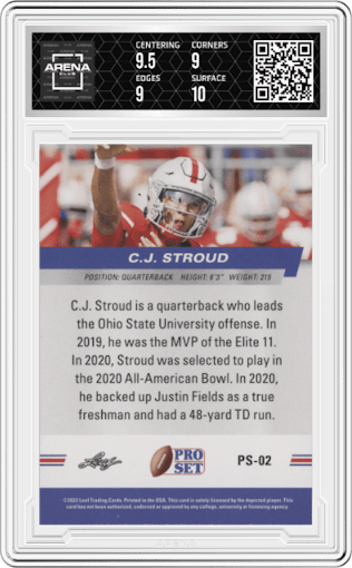 C.J. Stroud from the 2022 Leaf Pro Set Draft set graded by Arena Club and given an overall grade of 9.5.