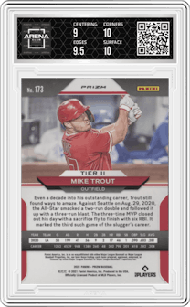 Mike Trout from the 2021 Panini Prizm set featuring a Cosmic Haze parallel graded by Arena Club and given an overall grade of 9.5.