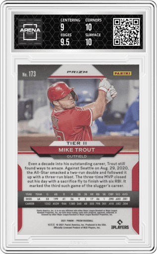 Mike Trout from the 2021 Panini Prizm set featuring a Cosmic Haze parallel graded by Arena Club and given an overall grade of 9.5.