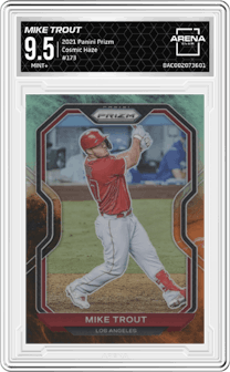 Mike Trout from the 2021 Panini Prizm set featuring a Cosmic Haze parallel graded by Arena Club and given an overall grade of 9.5.