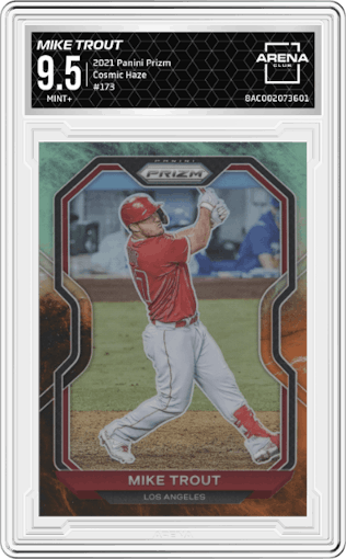 Mike Trout from the 2021 Panini Prizm set featuring a Cosmic Haze parallel graded by Arena Club and given an overall grade of 9.5.