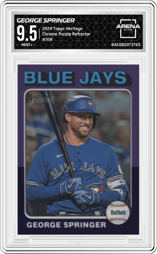 George Springer from the 2024 Topps Heritage set featuring a Chrome Purple Refractor parallel graded by Arena Club and given an overall grade of 9.5.