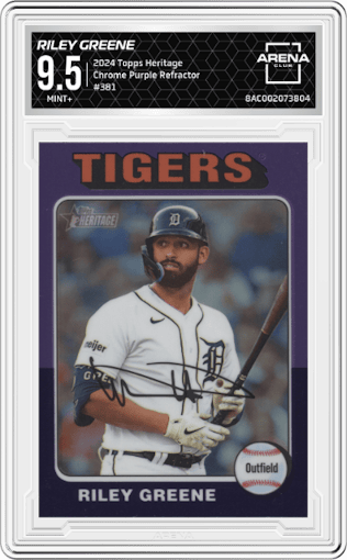 Riley Greene from the 2024 Topps Heritage set featuring a Chrome Purple Refractor parallel graded by Arena Club and given an overall grade of 9.5.