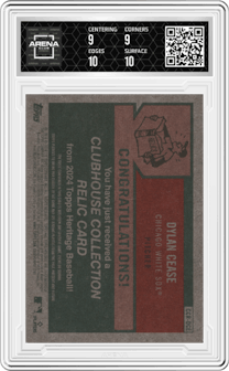 Dylan Cease from the 2024 Topps Heritage set graded by Arena Club and given an overall grade of 9.5.