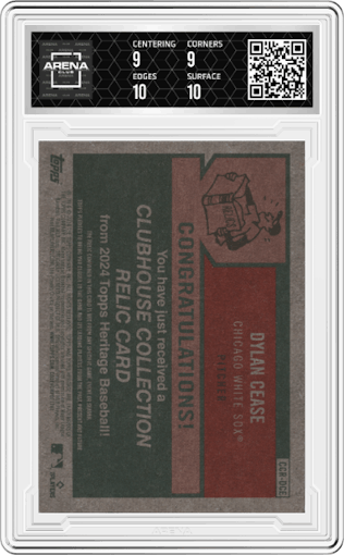 Dylan Cease from the 2024 Topps Heritage set graded by Arena Club and given an overall grade of 9.5.