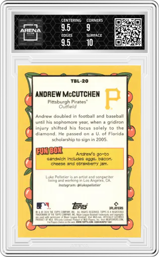 Andrew McCutchen from the 2024 Topps Big League set graded by Arena Club and given an overall grade of 9.5.
