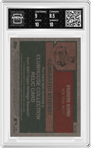 Brandon Nimmo from the 2024 Topps Heritage set graded by Arena Club and given an overall grade of 9.