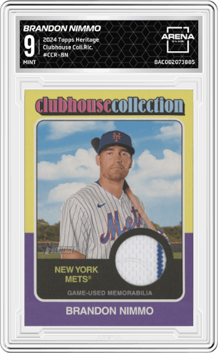Brandon Nimmo from the 2024 Topps Heritage set graded by Arena Club and given an overall grade of 9.