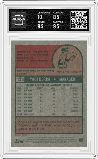 Yogi Berra from the 2024 Topps Heritage set featuring a Black and White Image parallel graded by Arena Club and given an overall grade of 9.
