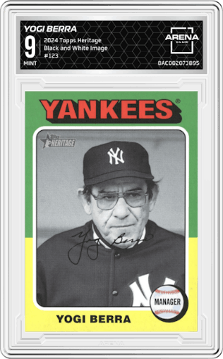 Yogi Berra from the 2024 Topps Heritage set featuring a Black and White Image parallel graded by Arena Club and given an overall grade of 9.