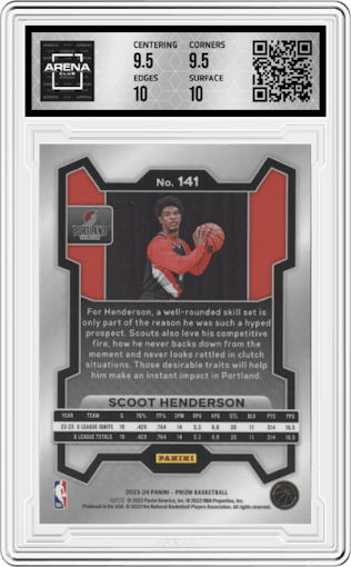 Scoot Henderson from the 2023-24 Panini Prizm set graded by Arena Club and given an overall grade of 10.