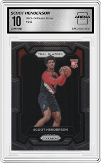 Scoot Henderson from the 2023-24 Panini Prizm set graded by Arena Club and given an overall grade of 10.
