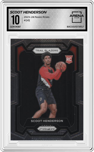 Scoot Henderson from the 2023-24 Panini Prizm set graded by Arena Club and given an overall grade of 10.