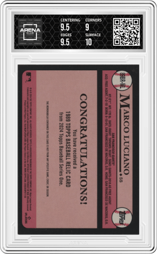 Marco Luciano from the 2024 Topps  set featuring a Black parallel graded by Arena Club and given an overall grade of 9.5.