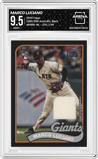 Marco Luciano from the 2024 Topps  set featuring a Black parallel graded by Arena Club and given an overall grade of 9.5.