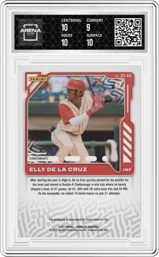 Elly De La Cruz from the 2023 Panini Donruss set graded by Arena Club and given an overall grade of 9.5.