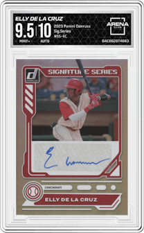 Elly De La Cruz from the 2023 Panini Donruss set graded by Arena Club and given an overall grade of 9.5.