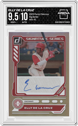 Elly De La Cruz from the 2023 Panini Donruss set graded by Arena Club and given an overall grade of 9.5.