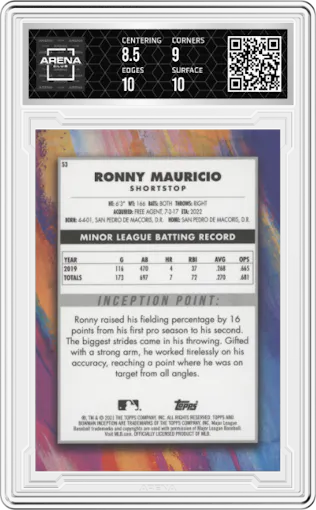 Ronny Mauricio from the 2021 Bowman Inception set graded by Arena Club and given an overall grade of 9.