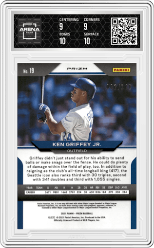 Ken Griffey Jr. from the 2021 Panini Prizm set featuring a Neon Orange Prizm parallel graded by Arena Club and given an overall grade of 9.5.
