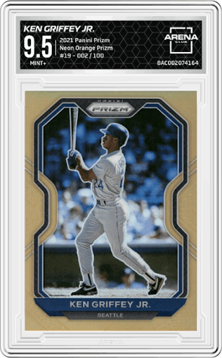 Ken Griffey Jr. from the 2021 Panini Prizm set featuring a Neon Orange Prizm parallel graded by Arena Club and given an overall grade of 9.5.
