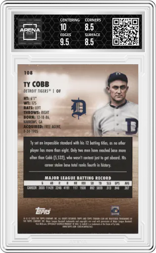 Ty Cobb from the 2023 Topps Stadium Club set featuring a Red Foil parallel graded by Arena Club and given an overall grade of 9.