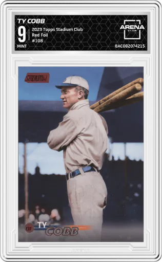 Ty Cobb from the 2023 Topps Stadium Club set featuring a Red Foil parallel graded by Arena Club and given an overall grade of 9.