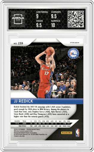 JJ Redick from the 2018-19 Panini Prizm set featuring a Silver Prizm parallel graded by Arena Club and given an overall grade of 9.5.