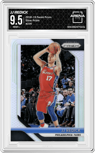 JJ Redick from the 2018-19 Panini Prizm set featuring a Silver Prizm parallel graded by Arena Club and given an overall grade of 9.5.