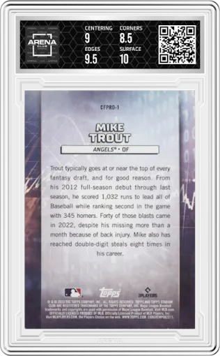 Mike Trout from the 2023 Topps Stadium Club set graded by Arena Club and given an overall grade of 9.