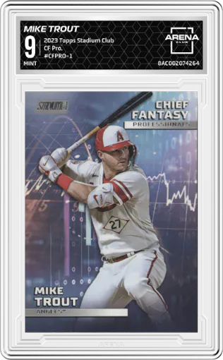 Mike Trout from the 2023 Topps Stadium Club set graded by Arena Club and given an overall grade of 9.