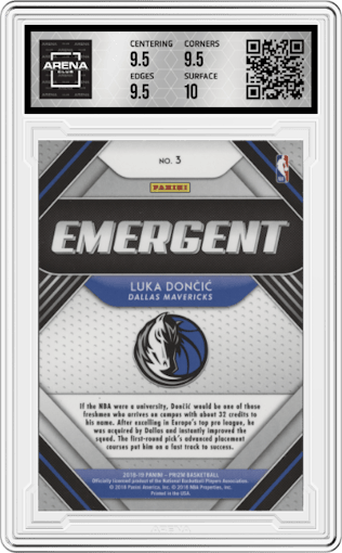 Luka Doncic from the 2018-19 Panini Prizm set graded by Arena Club and given an overall grade of 10.