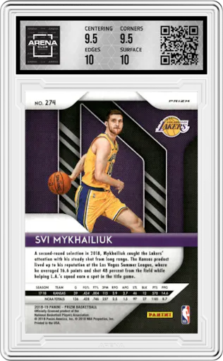 Svi Mykhailiuk from the 2018-19 Panini Prizm set featuring a Green Prizm parallel graded by Arena Club and given an overall grade of 10.